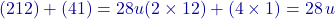 (2&times;12)+(4&times;1)=28 u(2 \times 12) + (4 \times 1) = 28 \, u