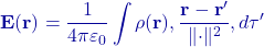 \mathbf E(\mathbf r)=\dfrac{1}{4\pi\varepsilon_0}\displaystyle\int \rho(\mathbf r),\dfrac{\mathbf r-\mathbf r'}{\lVert\cdot\rVert^2},d\tau'