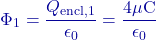 \[\Phi_1 = \frac{Q_{\text{encl}, 1}}{\epsilon_0} = \frac{4 \mu\text{C}}{\epsilon_0}\]