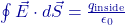 \oint \vec{E} \cdot d\vec{S} = \frac{q_{\text{inside}}}{\epsilon_0}