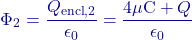 \[\Phi_2 = \frac{Q_{\text{encl}, 2}}{\epsilon_0} = \frac{4 \mu\text{C} + Q}{\epsilon_0}\]